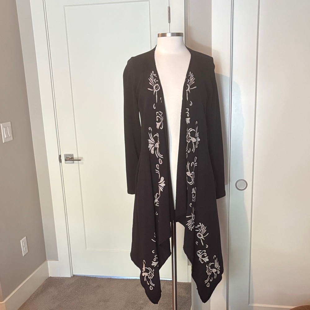 XCVI Black Open Front Cardigan with ivory Floral Embroidery Sz S